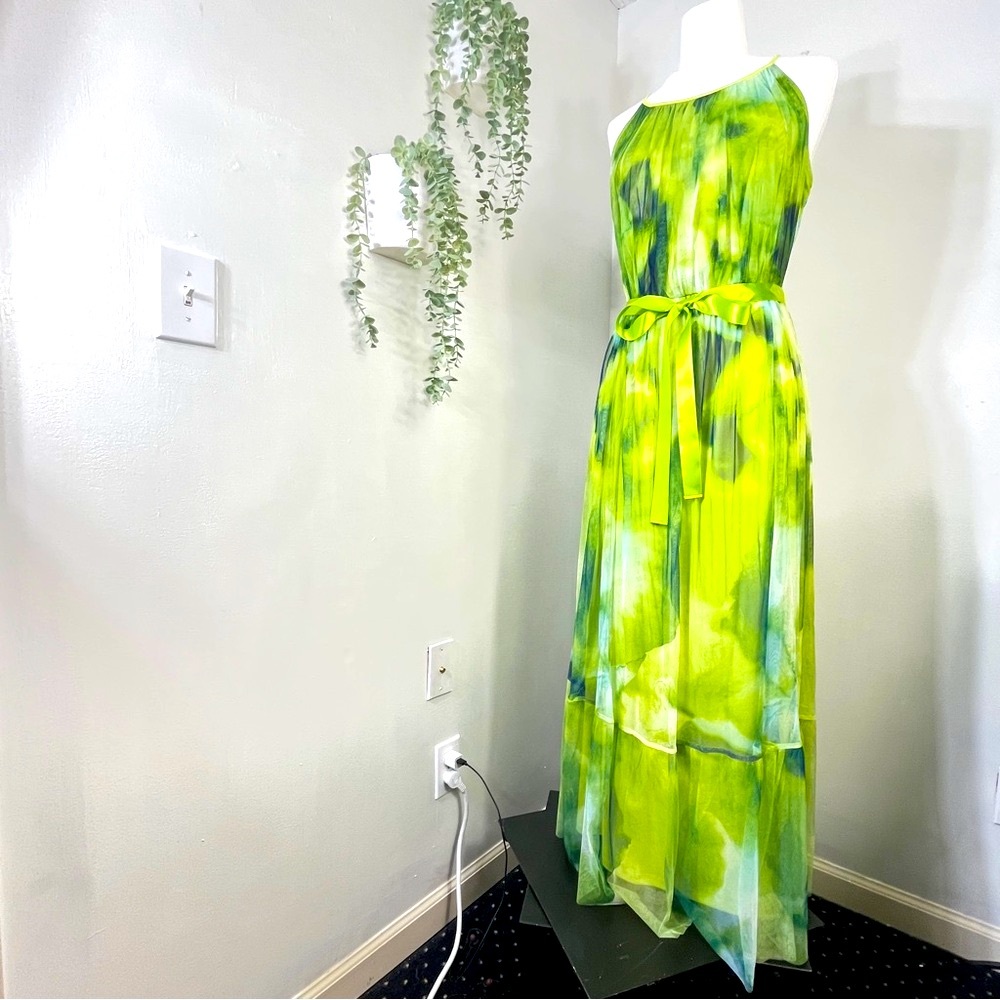 🏷️ NWT Candalite Green & Blue Halter Tulle Mesh Net Maxi Dress with Ribbon Belt